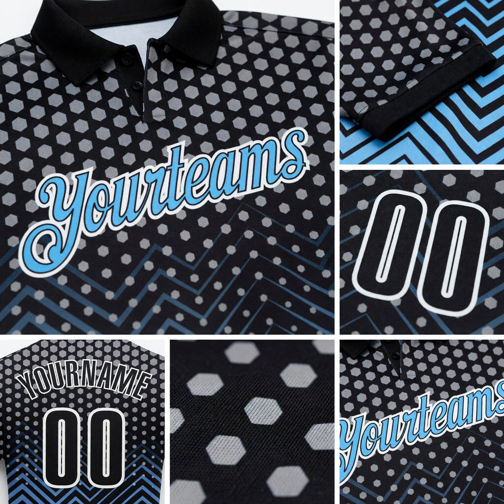 Custom Black Light Blue-Gray 3D Bowling Geometric Shape Performance Polo Shirt detail