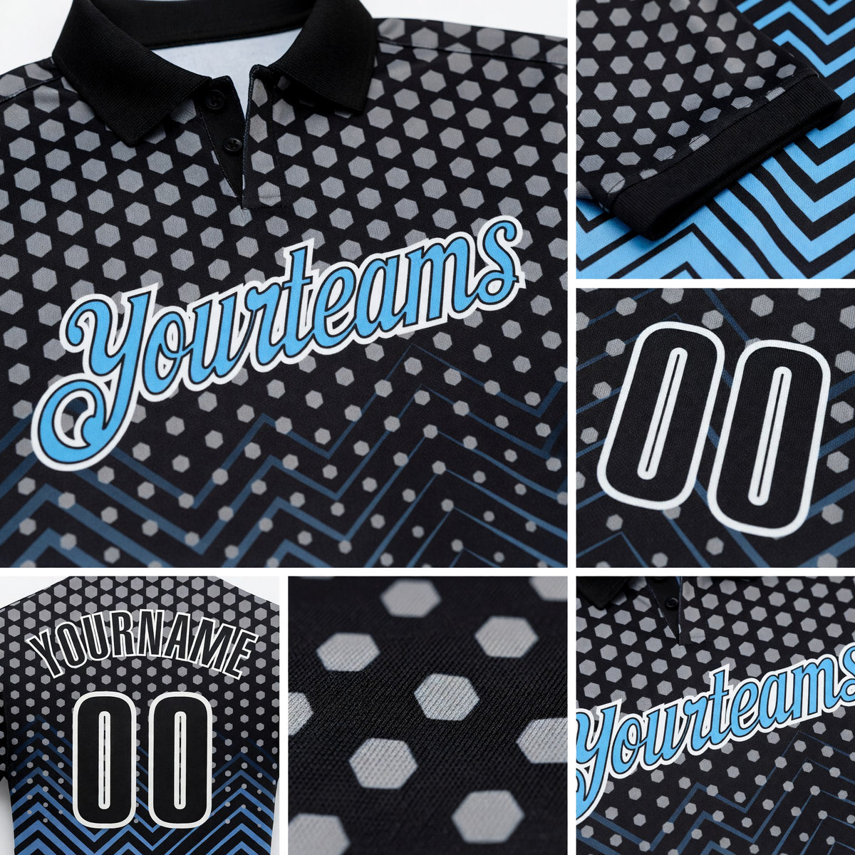 Custom Black Light Blue-Gray 3D Bowling Geometric Shape Performance Polo Shirt detail