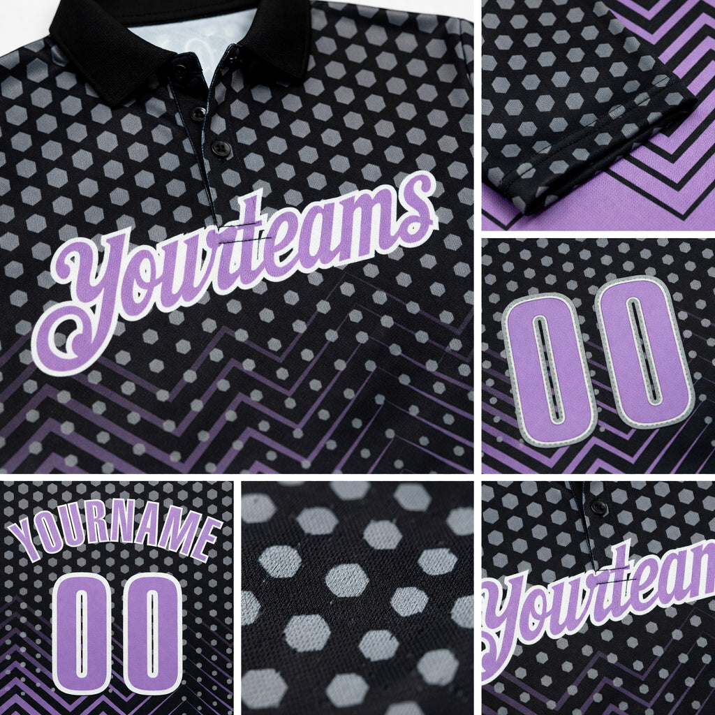 Custom Black Light Purple-Gray 3D Bowling Geometric Shape Performance Polo Shirt detail