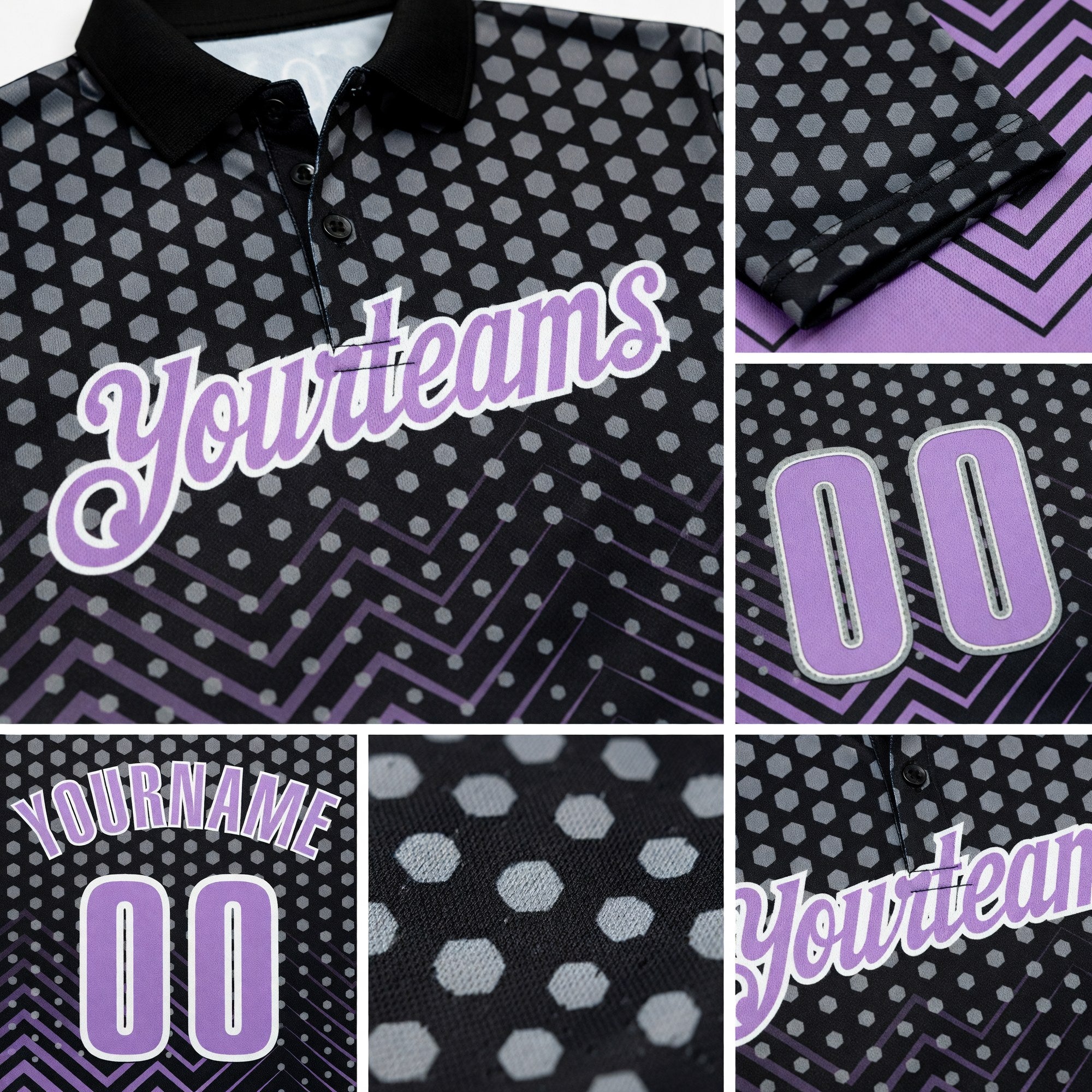 Custom Black Light Purple-Gray 3D Bowling Geometric Shape Performance Polo Shirt detail