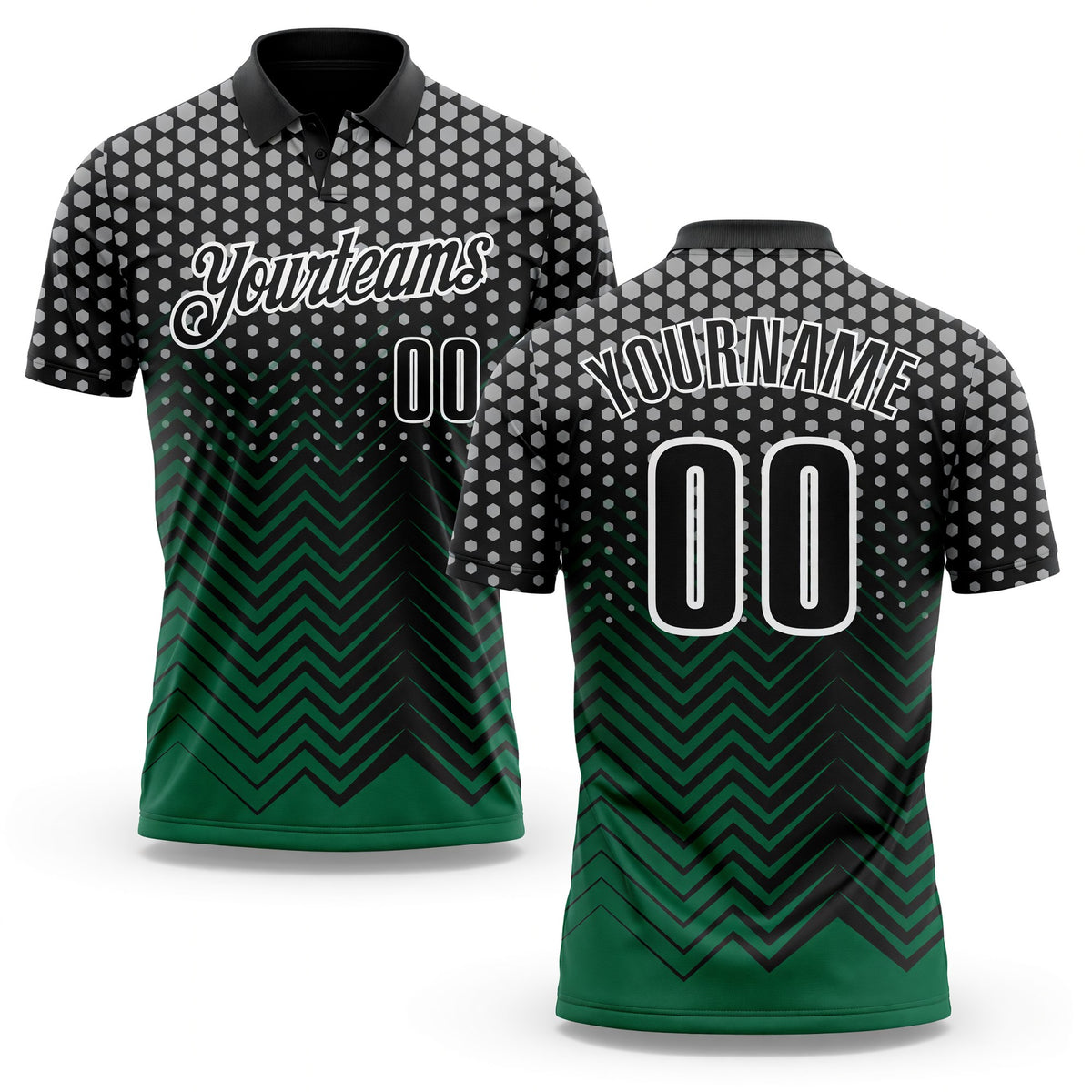 Custom Black Kelly Green-Gray 3D Bowling Geometric Shape Performance Polo Shirt