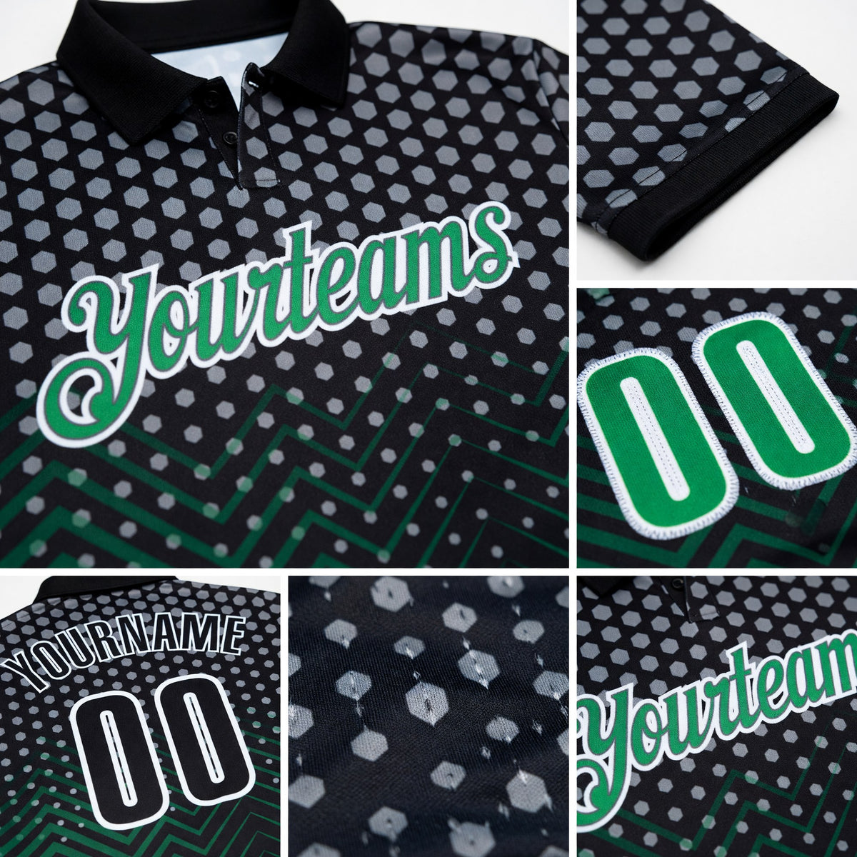 Custom Black Kelly Green-Gray 3D Bowling Geometric Shape Performance Polo Shirt detail