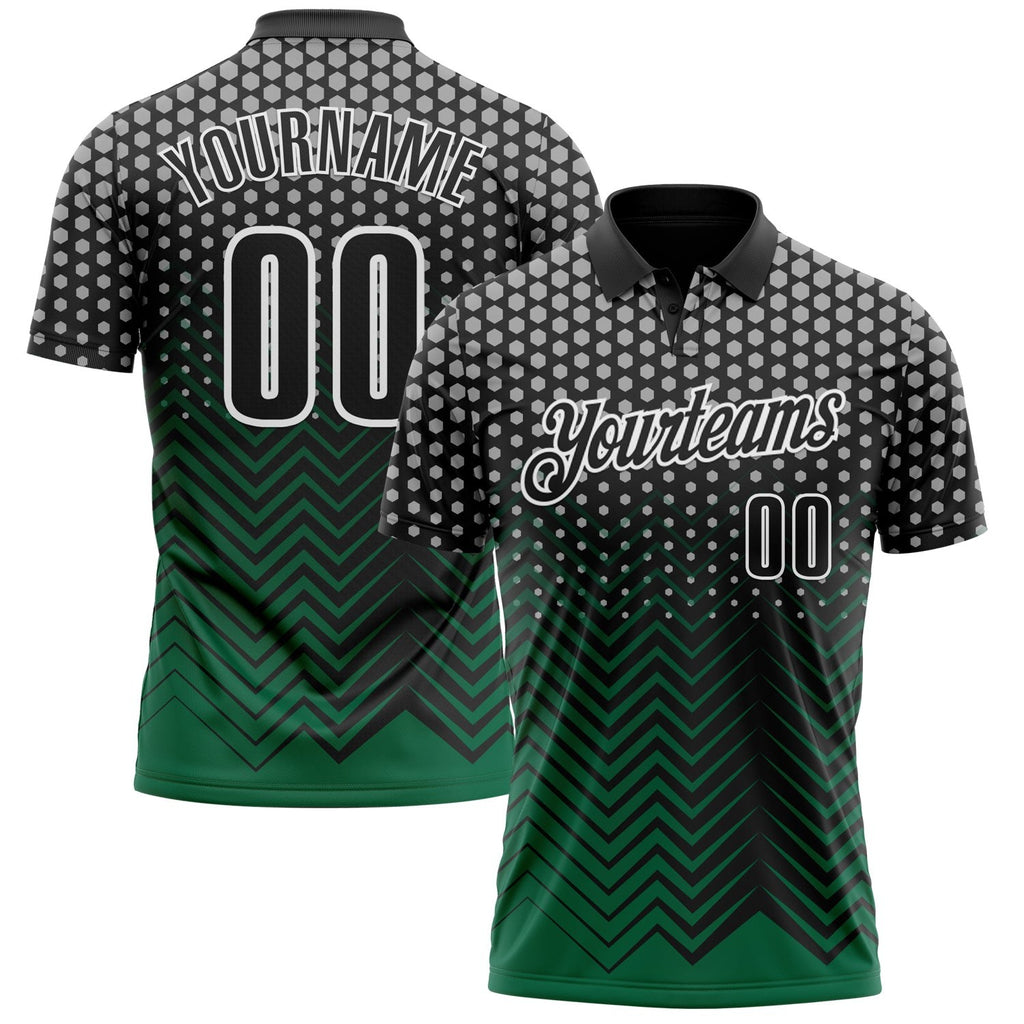 Custom Black Kelly Green-Gray 3D Bowling Geometric Shape Performance Polo Shirt photo 1