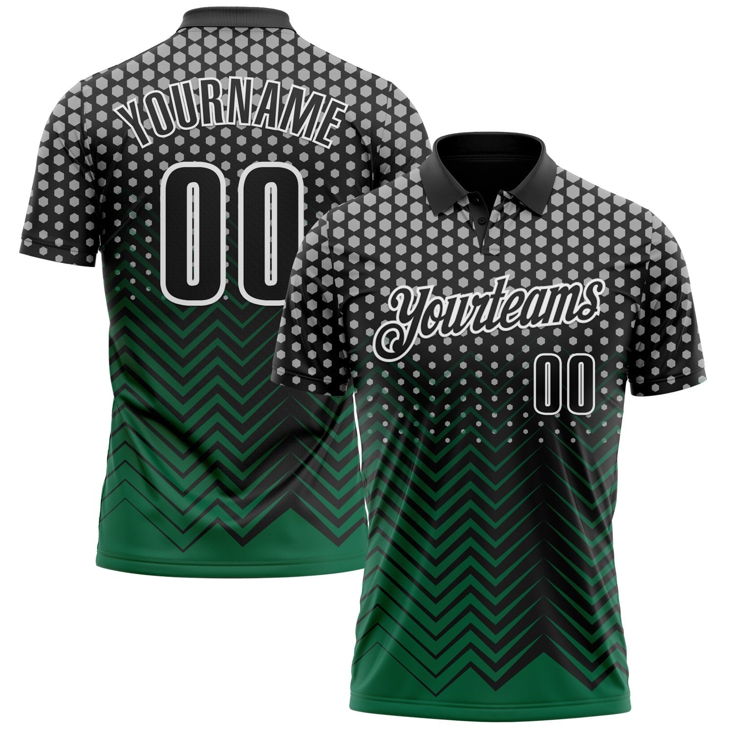Custom Black Kelly Green-Gray 3D Bowling Geometric Shape Performance Polo Shirt photo 1