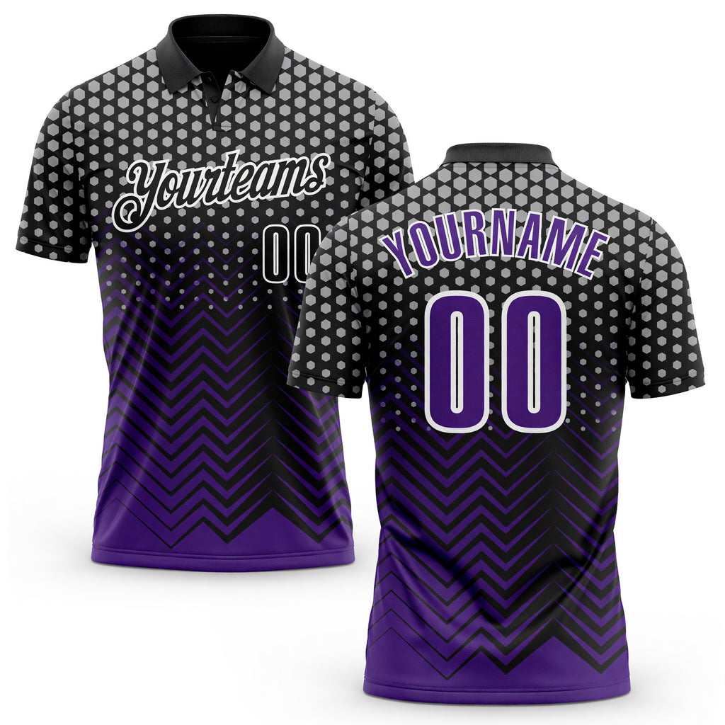 Custom Black Purple-Gray 3D Bowling Geometric Shape Performance Polo Shirt