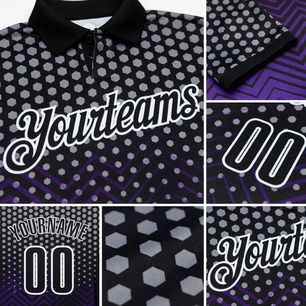 Custom Black Purple-Gray 3D Bowling Geometric Shape Performance Polo Shirt detail