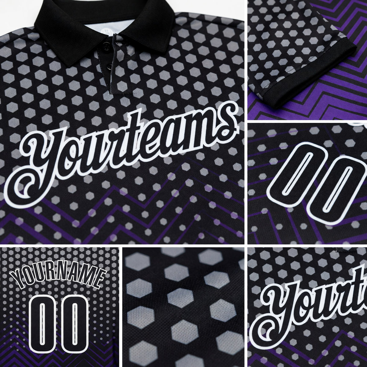 Custom Black Purple-Gray 3D Bowling Geometric Shape Performance Polo Shirt detail