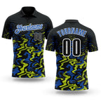 Custom Black Royal-Neon Yellow 3D Bowling Abstract Grunge Art Performance Polo Shirt