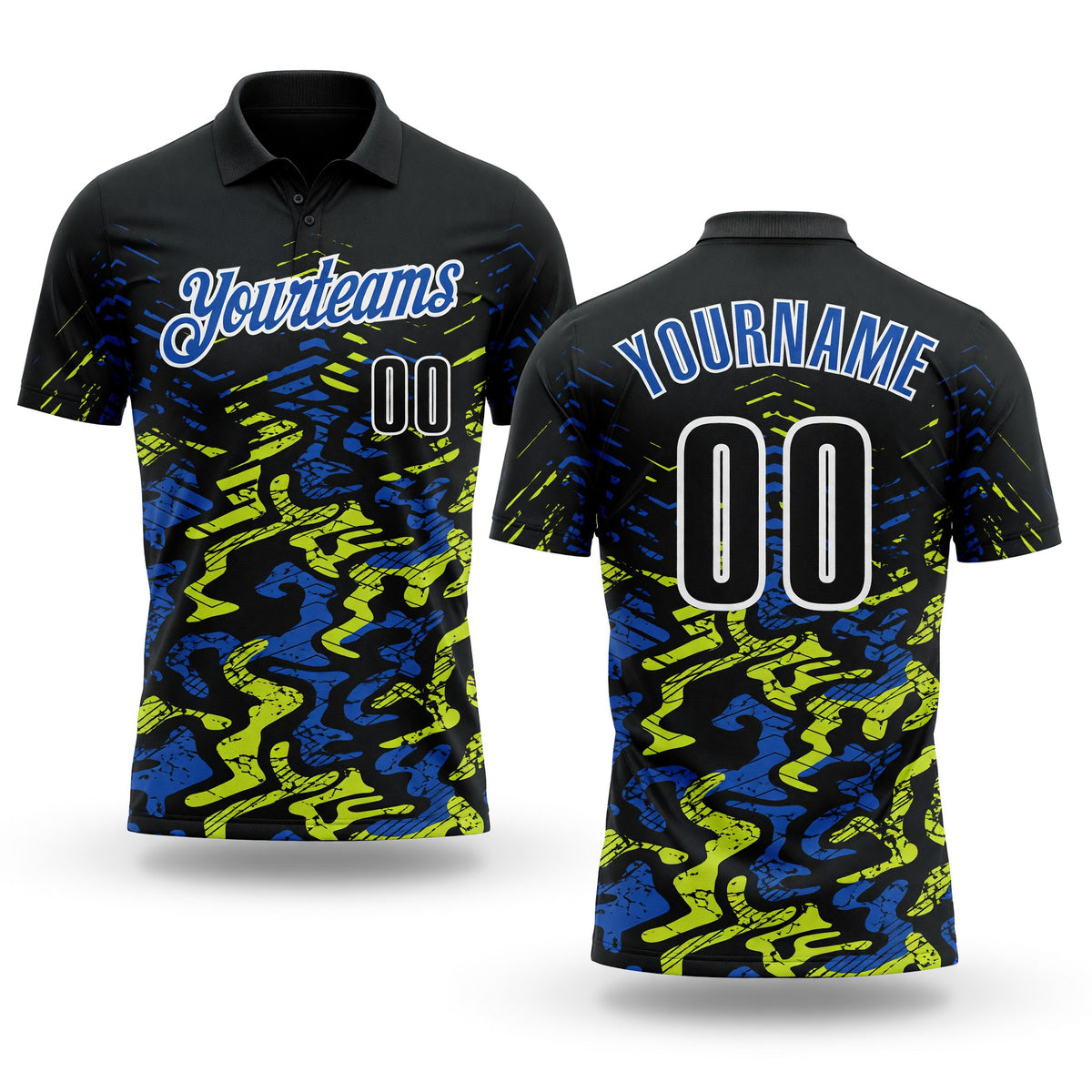 Custom Black Royal-Neon Yellow 3D Bowling Abstract Grunge Art Performance Polo Shirt