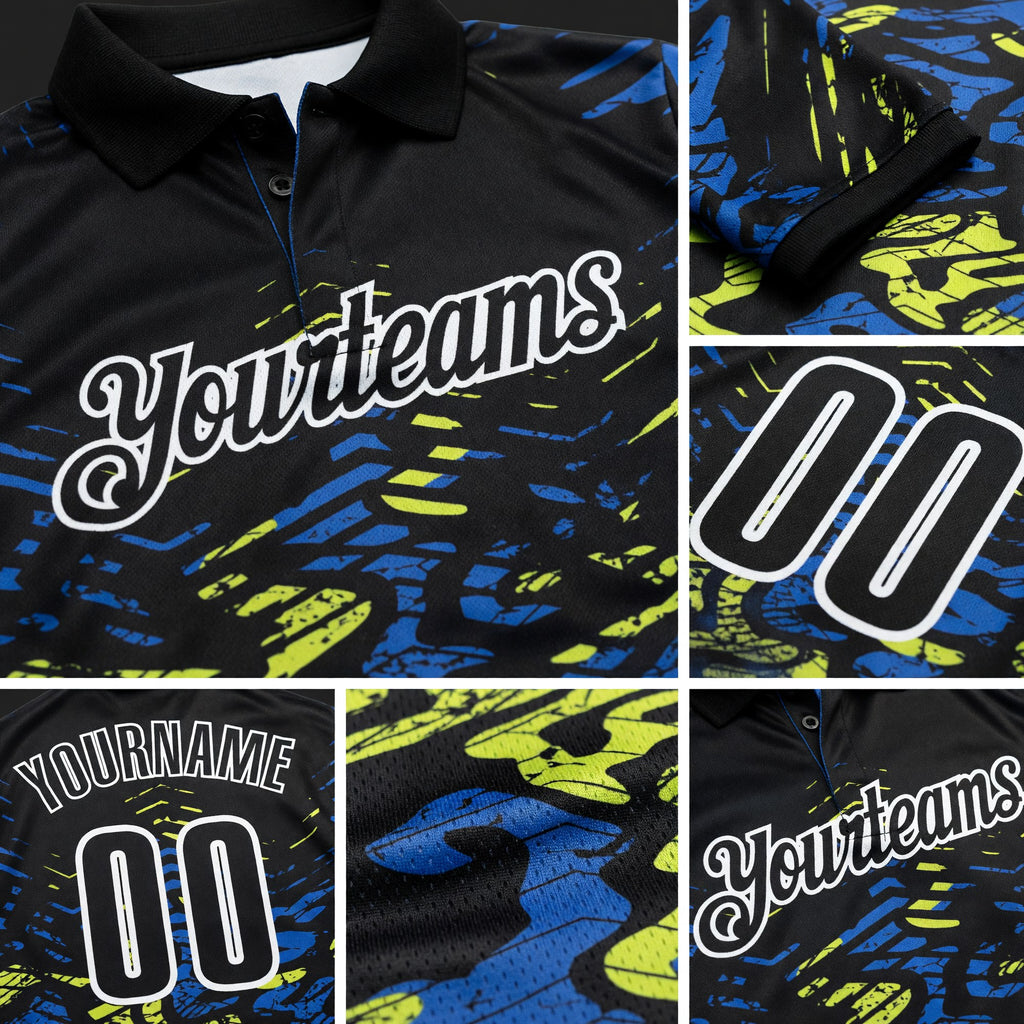 Custom Black Royal-Neon Yellow 3D Bowling Abstract Grunge Art Performance Polo Shirt detail