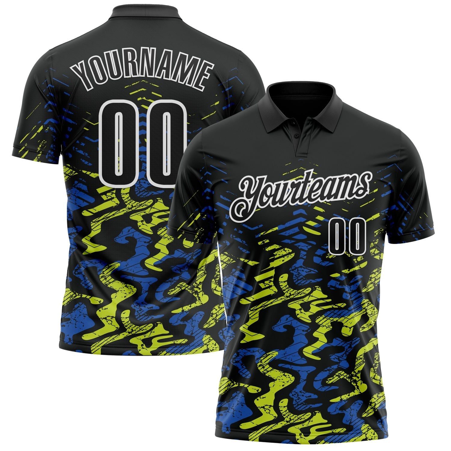 Custom Black Royal-Neon Yellow 3D Bowling Abstract Grunge Art Performance Polo Shirt photo 1