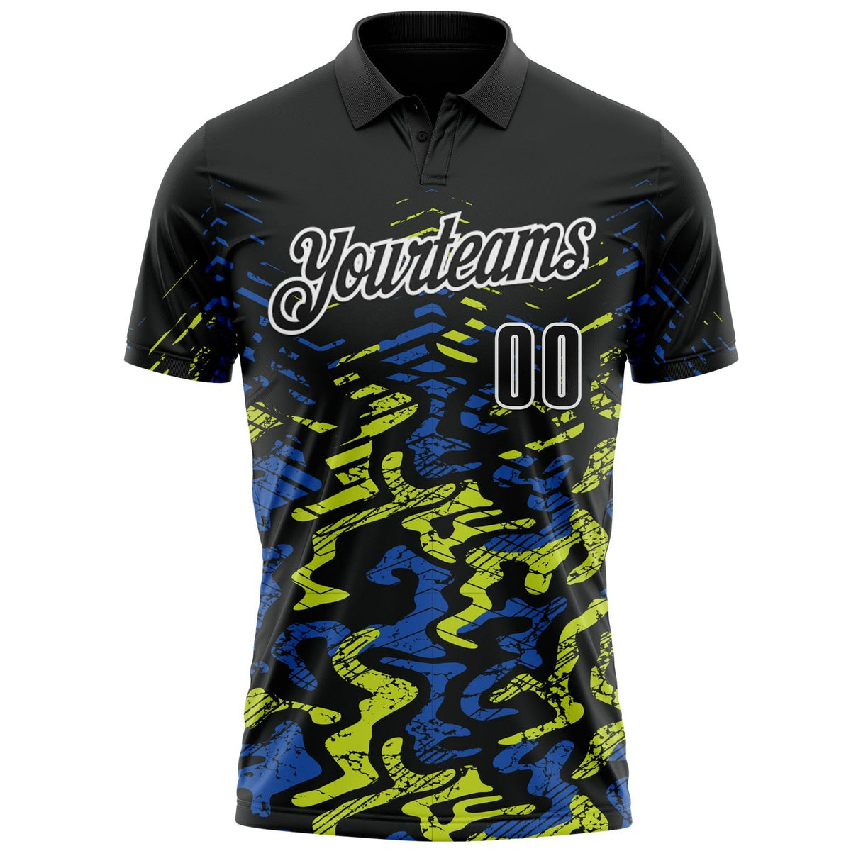 Custom Black Royal-Neon Yellow 3D Bowling Abstract Grunge Art Performance Polo Shirt photo 2