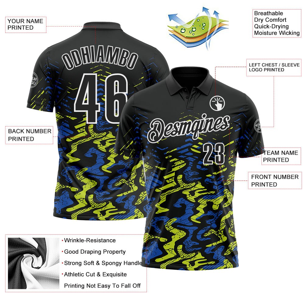 Custom Black Royal-Neon Yellow 3D Bowling Abstract Grunge Art Performance Polo Shirt photo 3