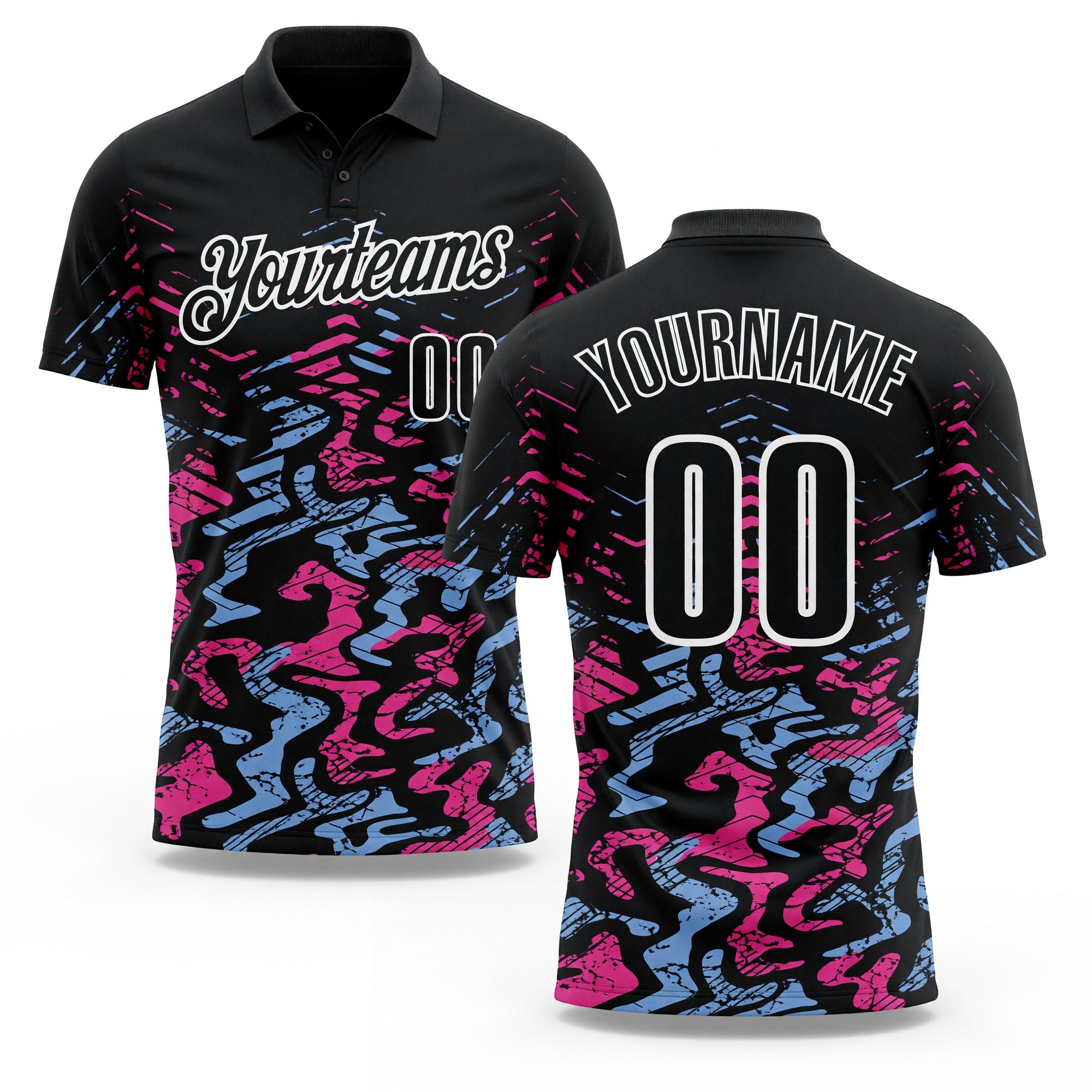 Custom Black Light Blue-Pink 3D Bowling Abstract Grunge Art Performance Polo Shirt