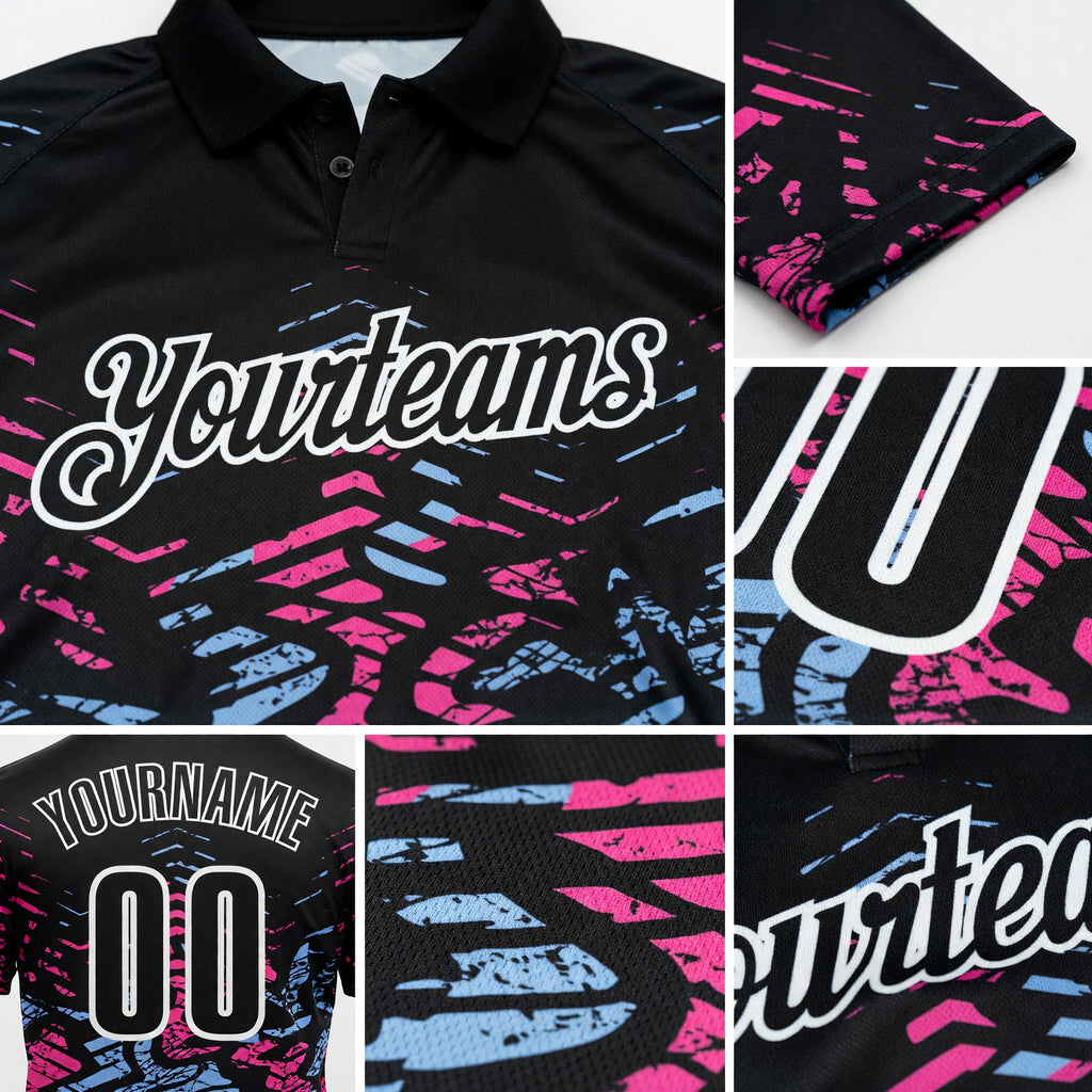 Custom Black Light Blue-Pink 3D Bowling Abstract Grunge Art Performance Polo Shirt detail