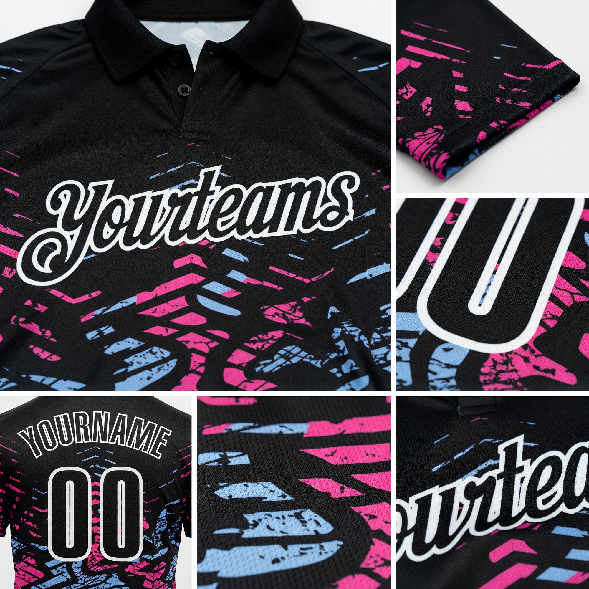 Custom Black Light Blue-Pink 3D Bowling Abstract Grunge Art Performance Polo Shirt detail