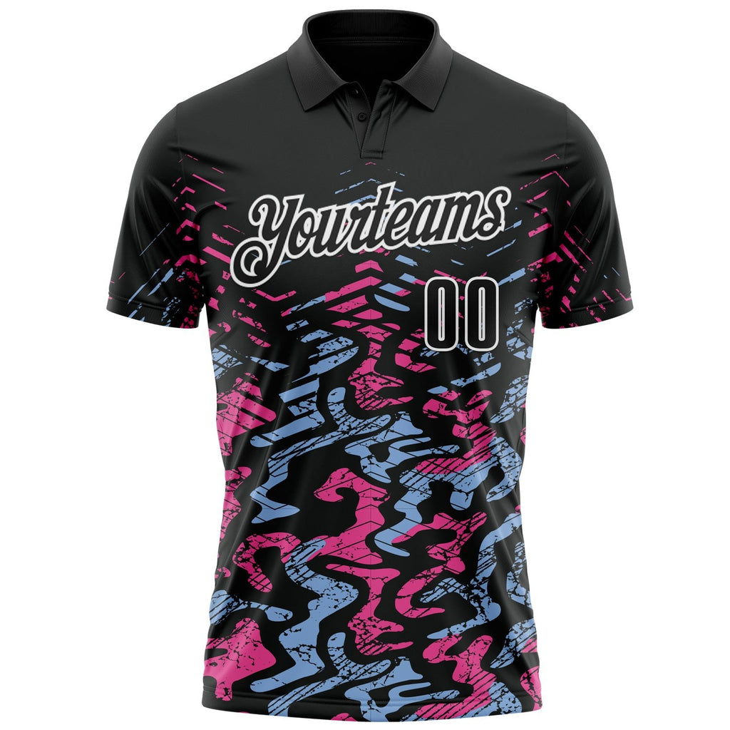 Custom Black Light Blue-Pink 3D Bowling Abstract Grunge Art Performance Polo Shirt photo 2
