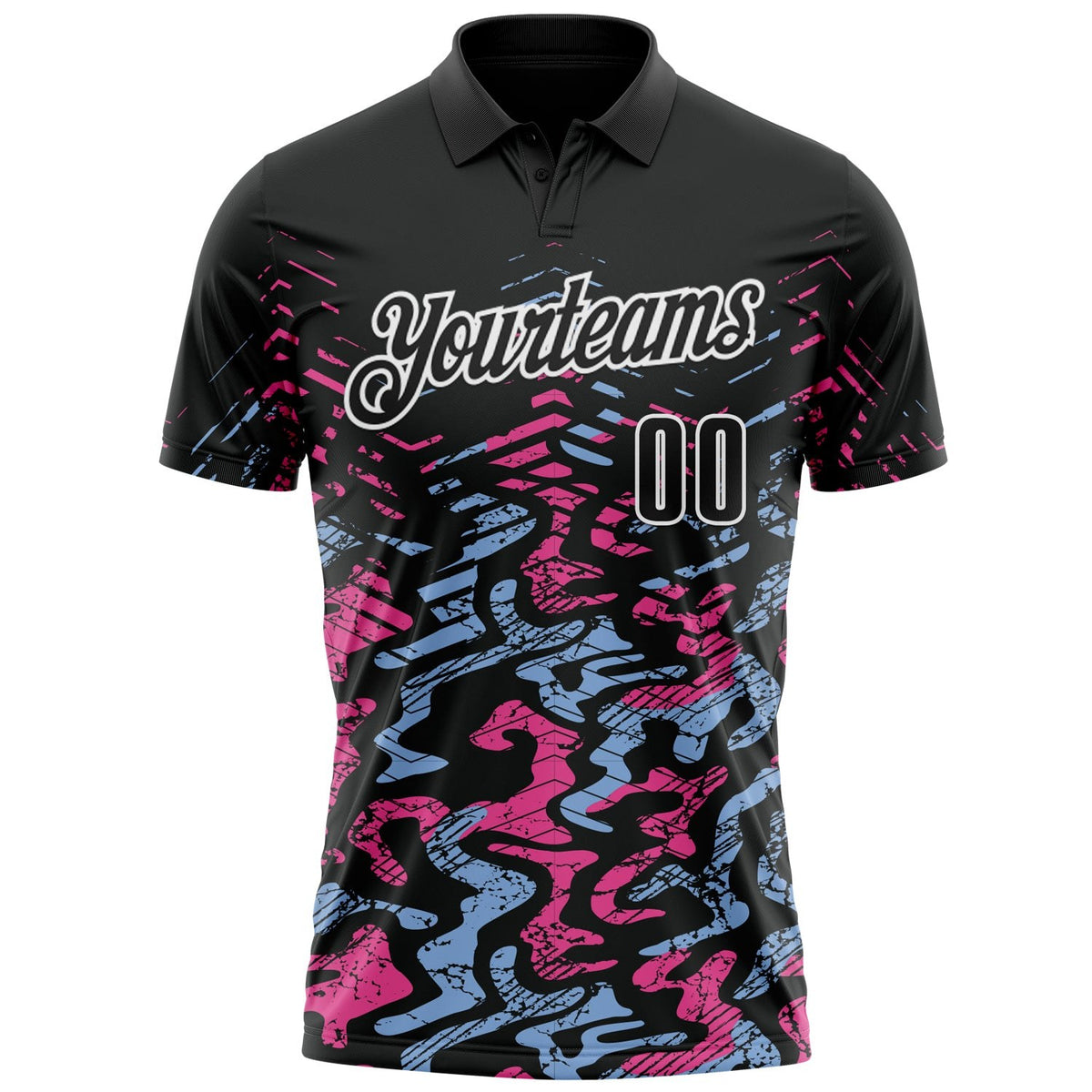 Custom Black Light Blue-Pink 3D Bowling Abstract Grunge Art Performance Polo Shirt photo 2