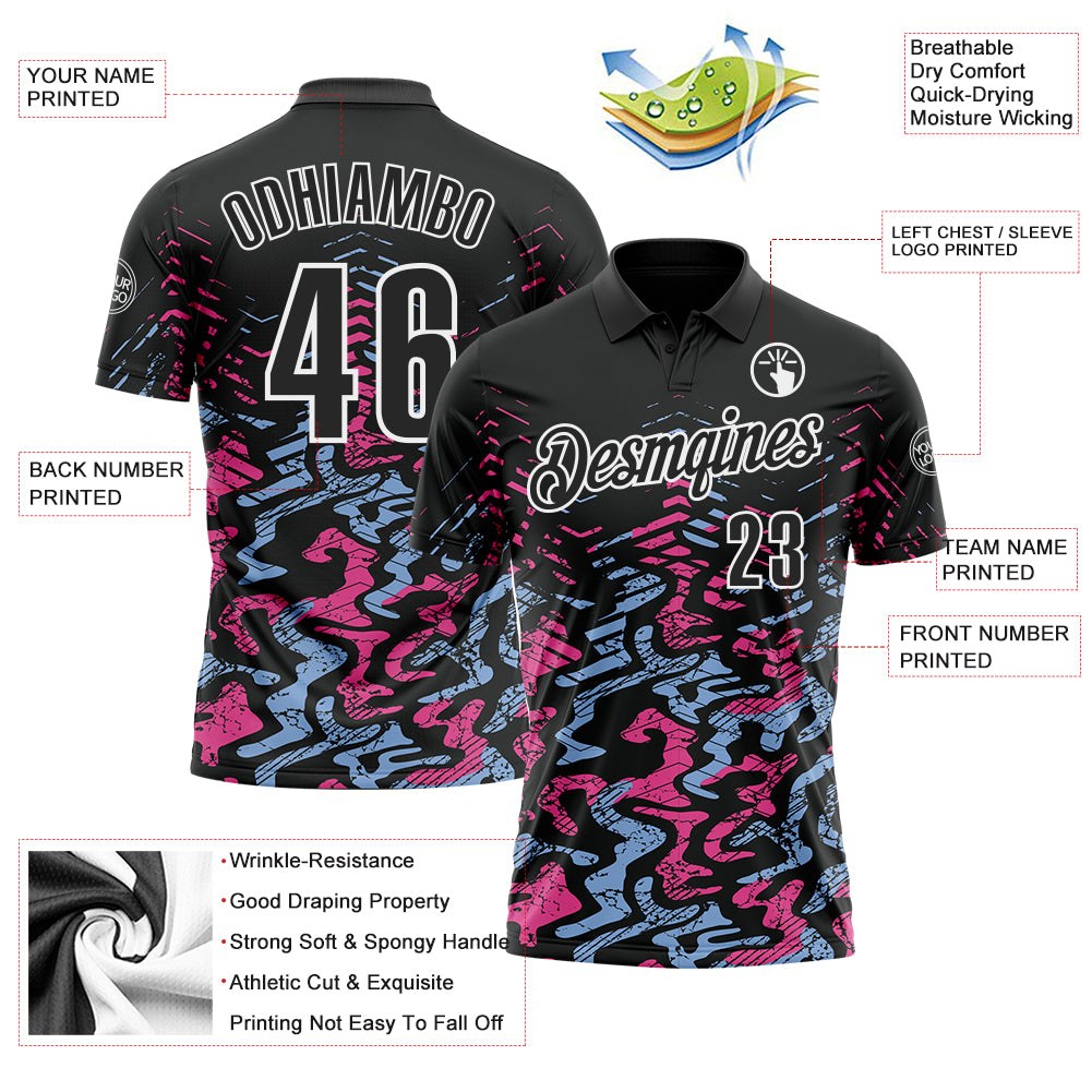 Custom Black Light Blue-Pink 3D Bowling Abstract Grunge Art Performance Polo Shirt photo 3