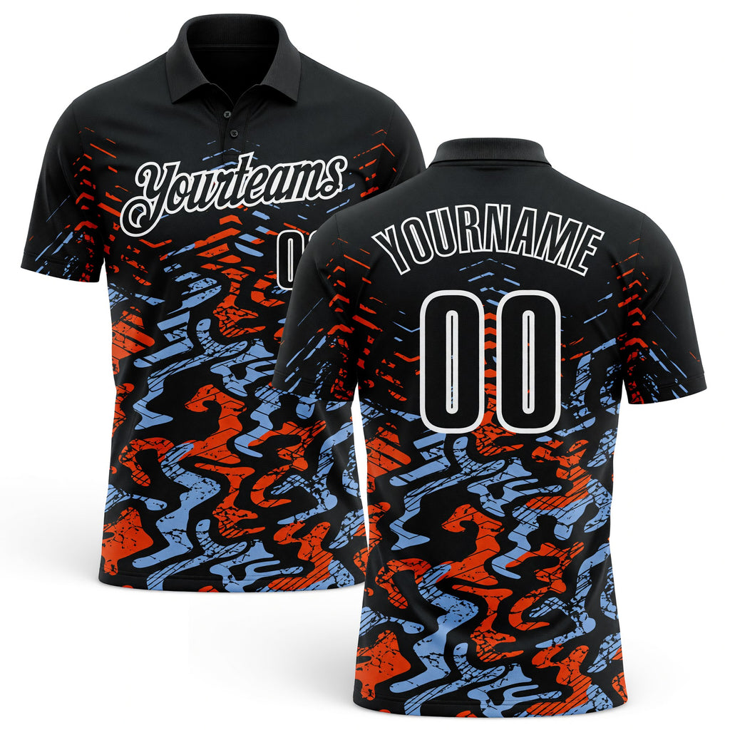 Custom Black Light Blue-Orange 3D Bowling Abstract Grunge Art Performance Polo Shirt