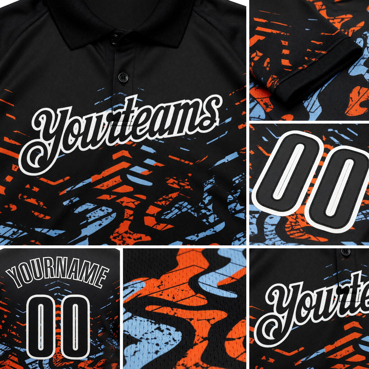 Custom Black Light Blue-Orange 3D Bowling Abstract Grunge Art Performance Polo Shirt detail