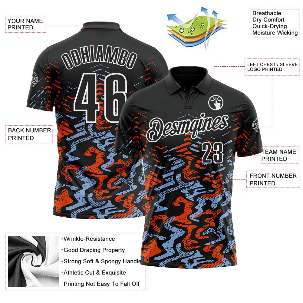 Custom Black Light Blue-Orange 3D Bowling Abstract Grunge Art Performance Polo Shirt photo 3