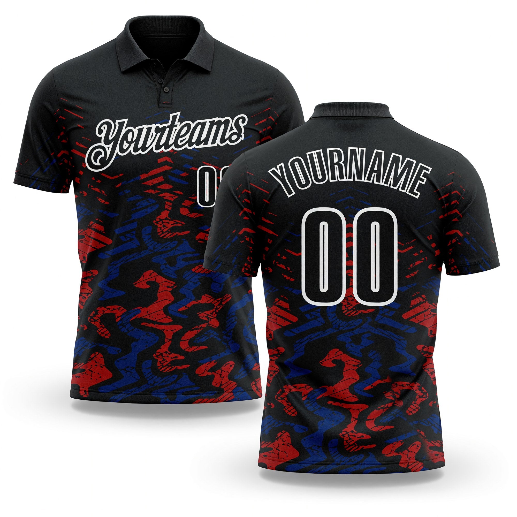 Custom Black Royal-Red 3D Bowling Abstract Grunge Art Performance Polo Shirt