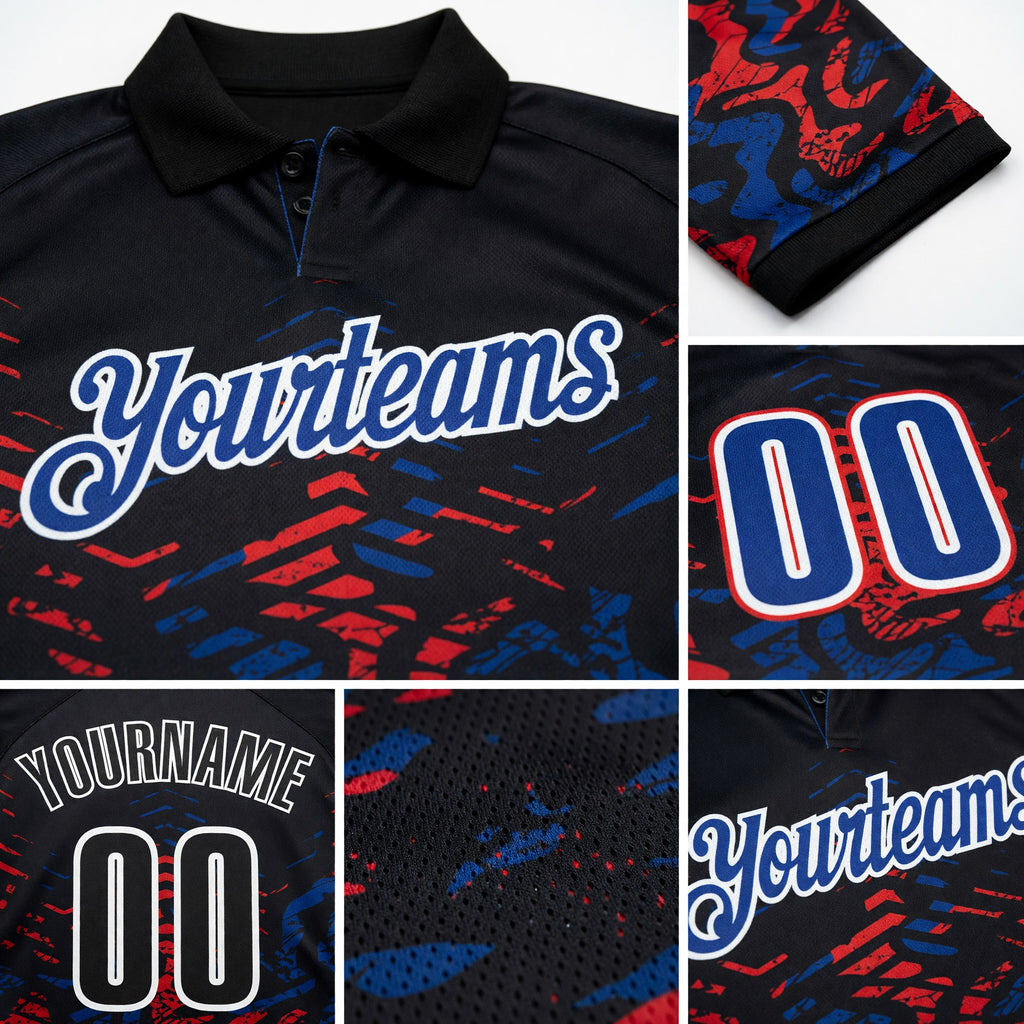 Custom Black Royal-Red 3D Bowling Abstract Grunge Art Performance Polo Shirt detail