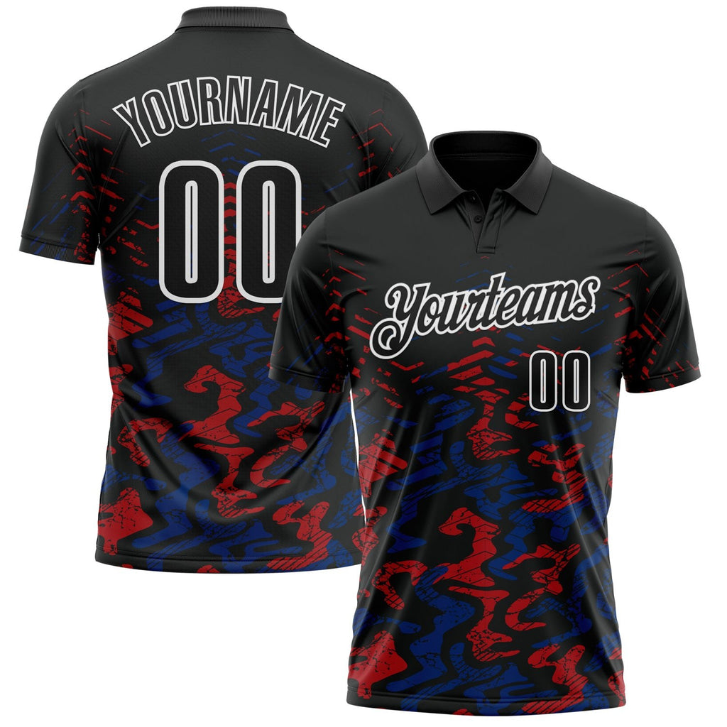 Custom Black Royal-Red 3D Bowling Abstract Grunge Art Performance Polo Shirt photo 1