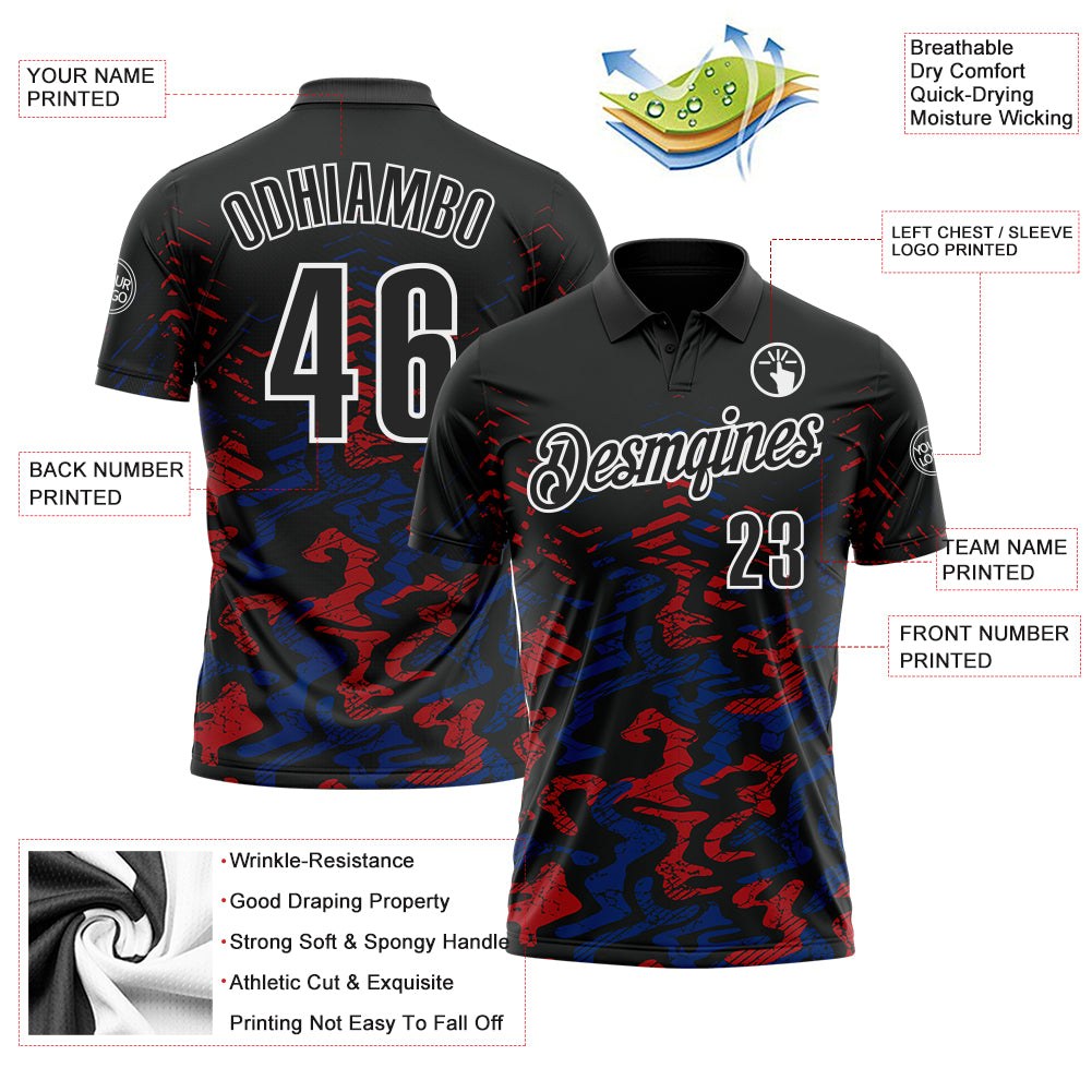 Custom Black Royal-Red 3D Bowling Abstract Grunge Art Performance Polo Shirt photo 3
