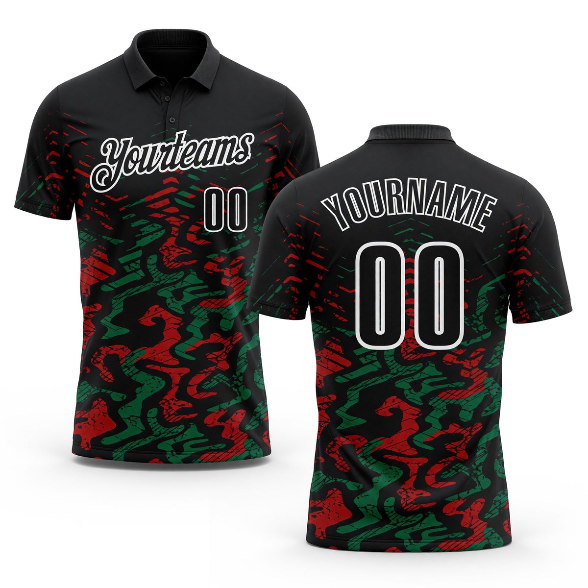 Custom Black Kelly Green-Red 3D Bowling Abstract Grunge Art Performance Polo Shirt