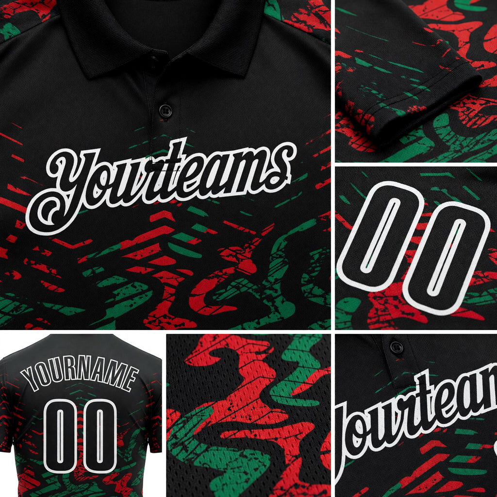Custom Black Kelly Green-Red 3D Bowling Abstract Grunge Art Performance Polo Shirt detail
