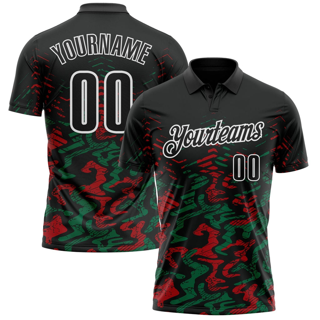 Custom Black Kelly Green-Red 3D Bowling Abstract Grunge Art Performance Polo Shirt photo 1