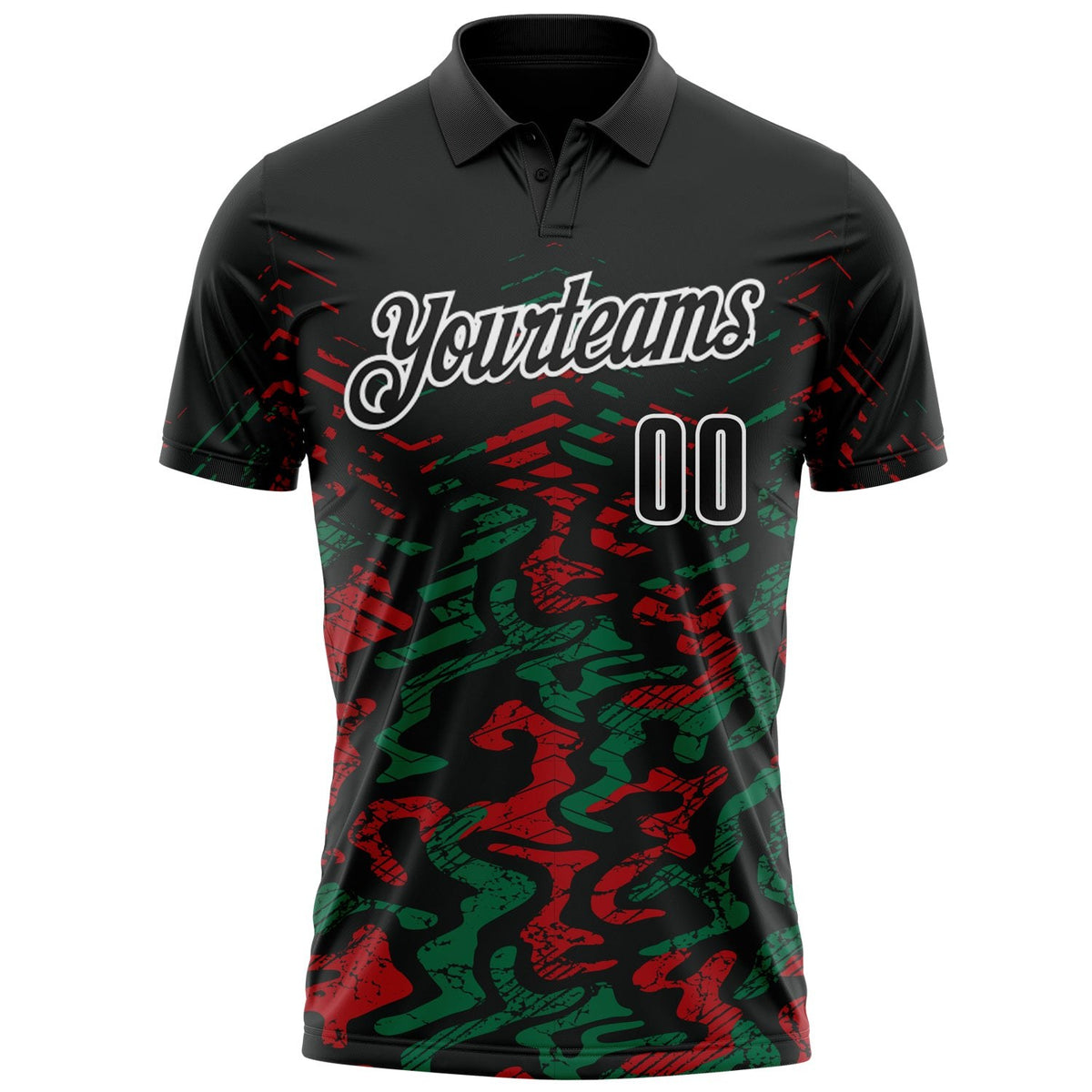 Custom Black Kelly Green-Red 3D Bowling Abstract Grunge Art Performance Polo Shirt photo 2