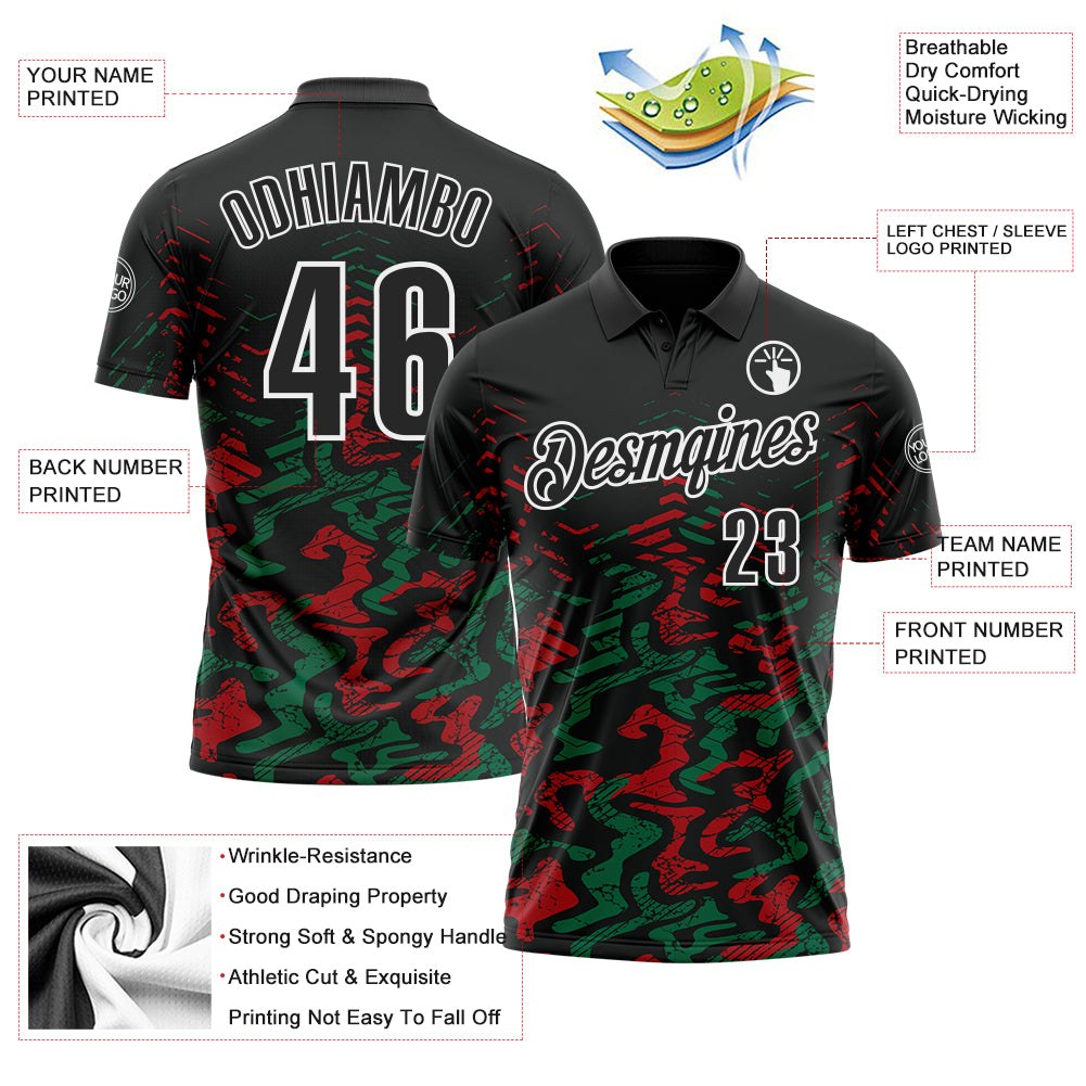 Custom Black Kelly Green-Red 3D Bowling Abstract Grunge Art Performance Polo Shirt photo 3