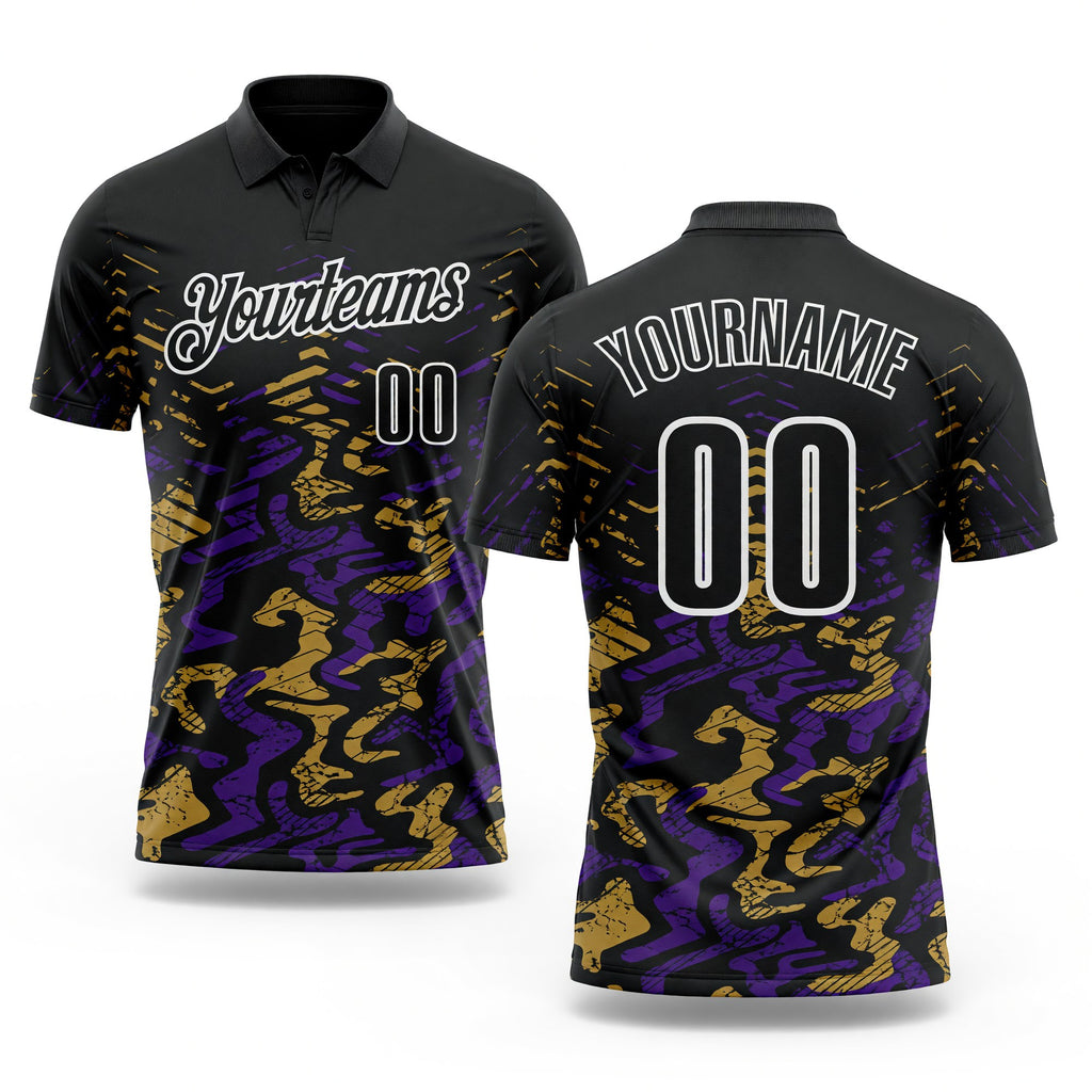 Custom Black Purple-Old Gold 3D Bowling Abstract Grunge Art Performance Polo Shirt