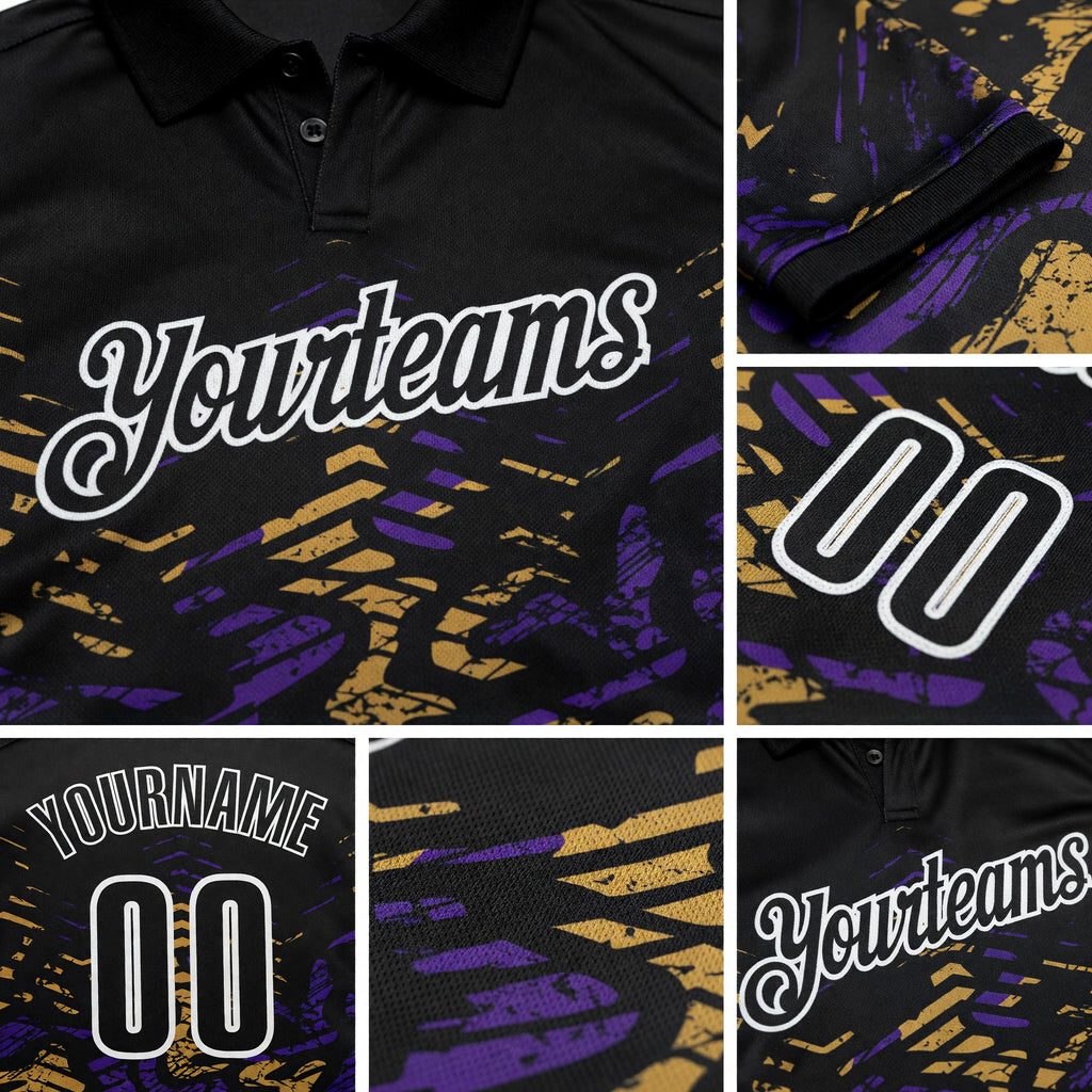 Custom Black Purple-Old Gold 3D Bowling Abstract Grunge Art Performance Polo Shirt detail