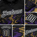 Custom Black Purple-Old Gold 3D Bowling Abstract Grunge Art Performance Polo Shirt detail