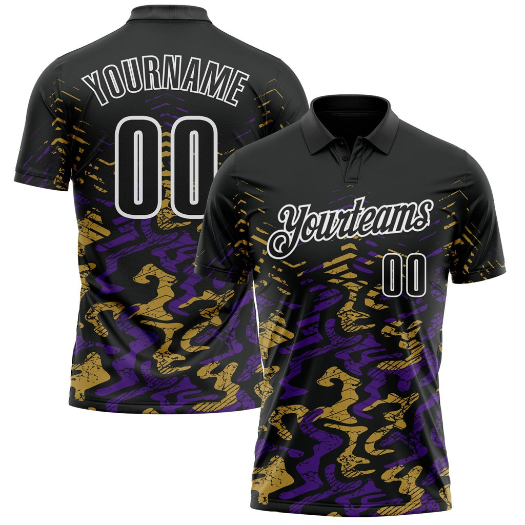 Custom Black Purple-Old Gold 3D Bowling Abstract Grunge Art Performance Polo Shirt photo 1