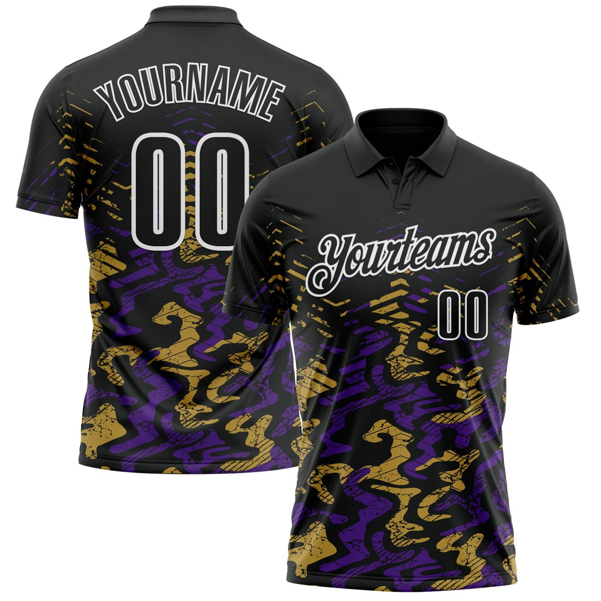 Custom Black Purple-Old Gold 3D Bowling Abstract Grunge Art Performance Polo Shirt photo 1