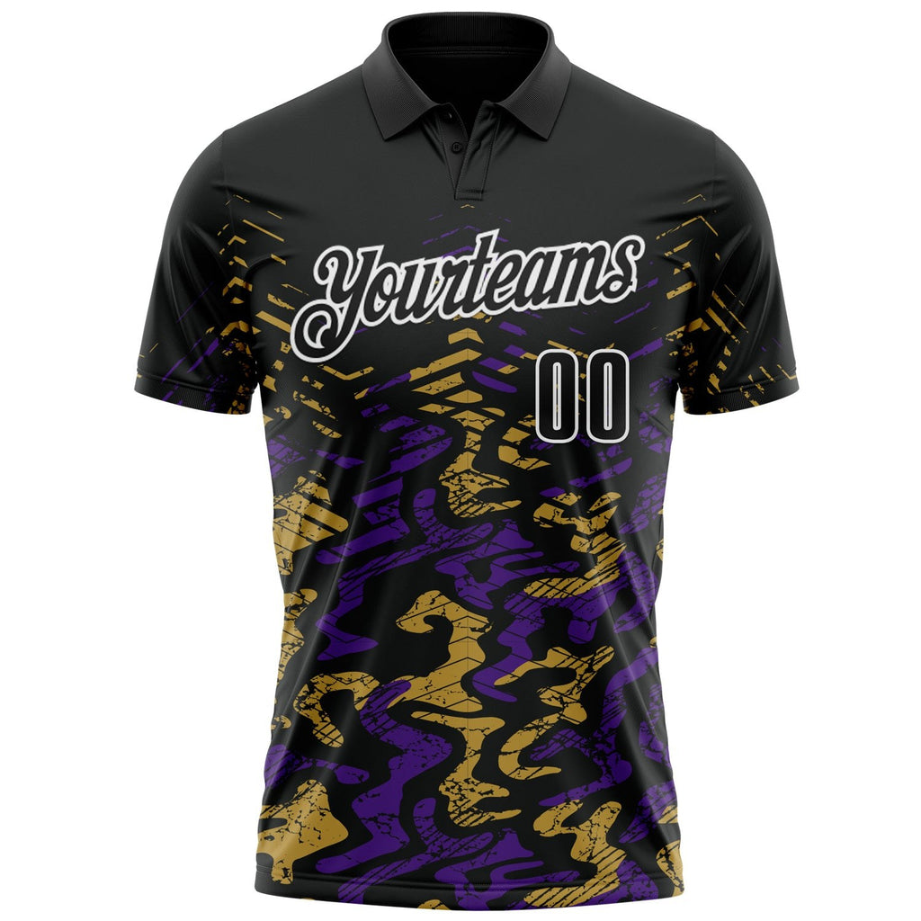 Custom Black Purple-Old Gold 3D Bowling Abstract Grunge Art Performance Polo Shirt photo 2