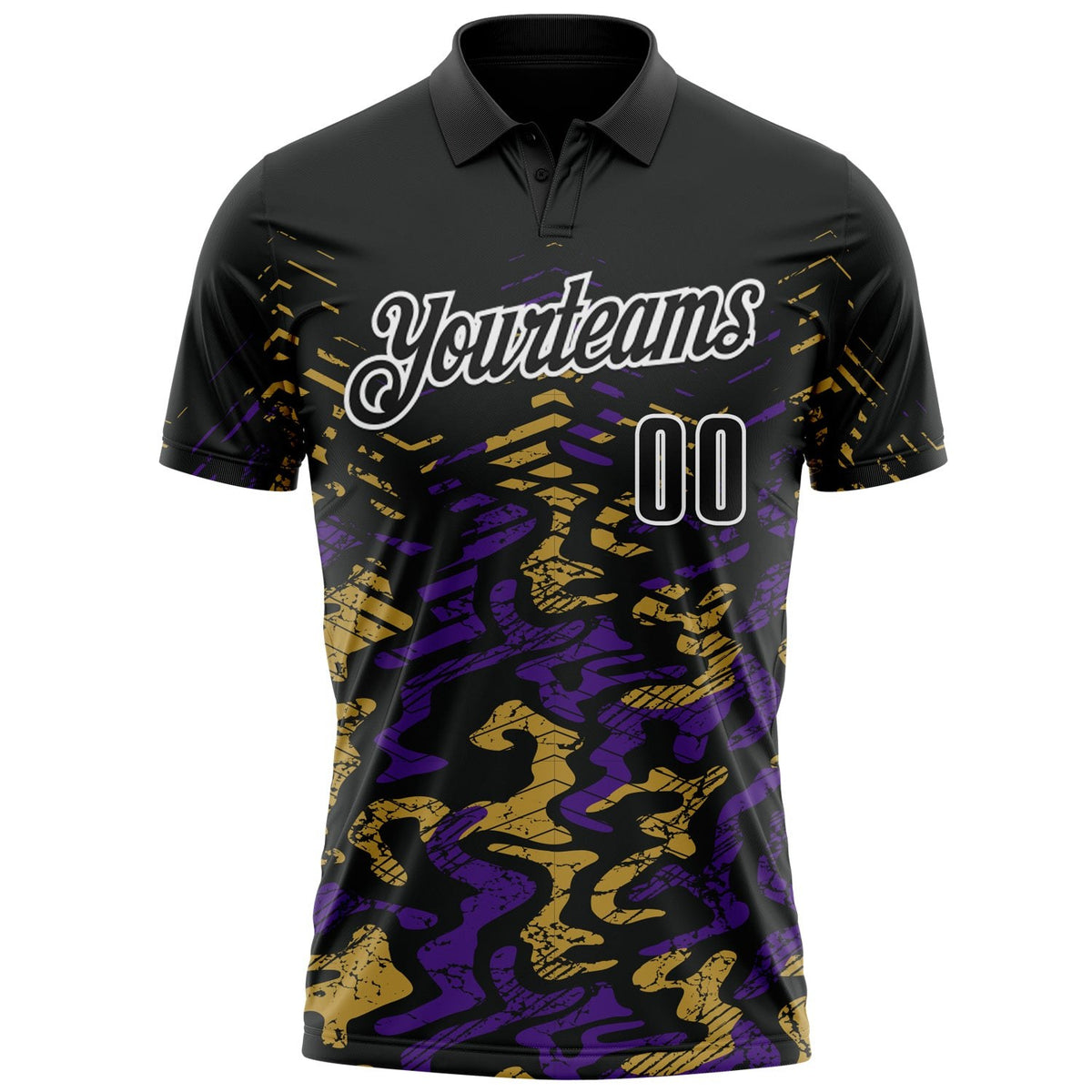 Custom Black Purple-Old Gold 3D Bowling Abstract Grunge Art Performance Polo Shirt photo 2