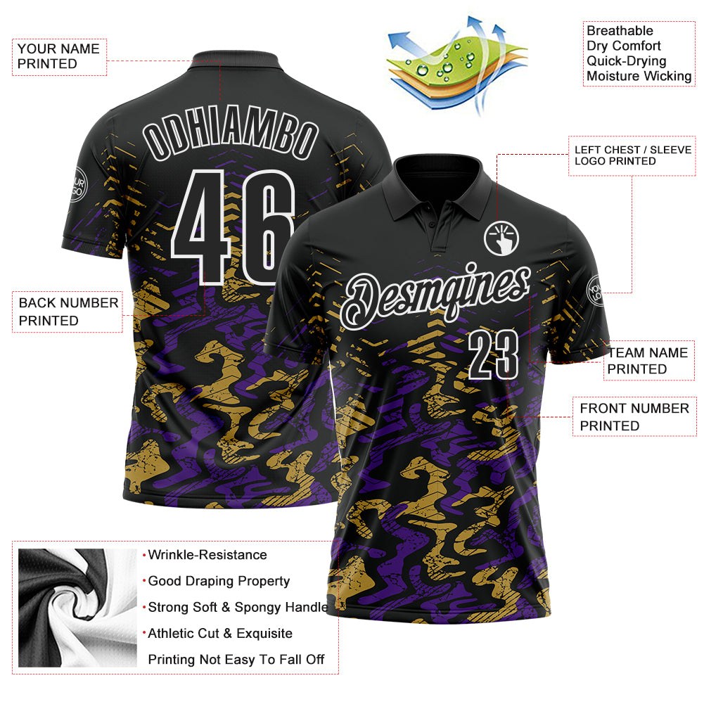 Custom Black Purple-Old Gold 3D Bowling Abstract Grunge Art Performance Polo Shirt photo 3