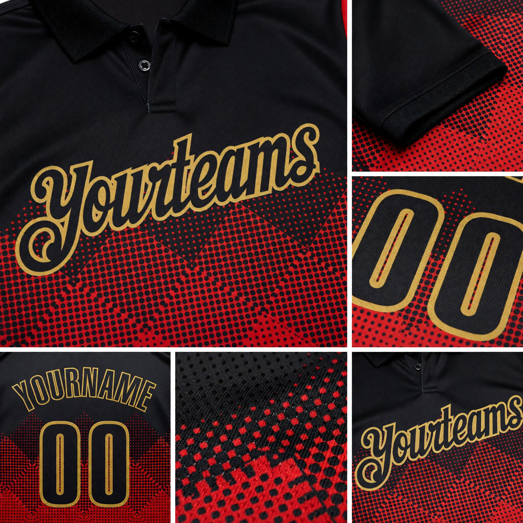 Custom Black Red-Old Gold 3D Pattern Design Gradient Square Shape Performance Polo Shirt detail