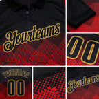 Custom Black Red-Old Gold 3D Pattern Design Gradient Square Shape Performance Polo Shirt detail
