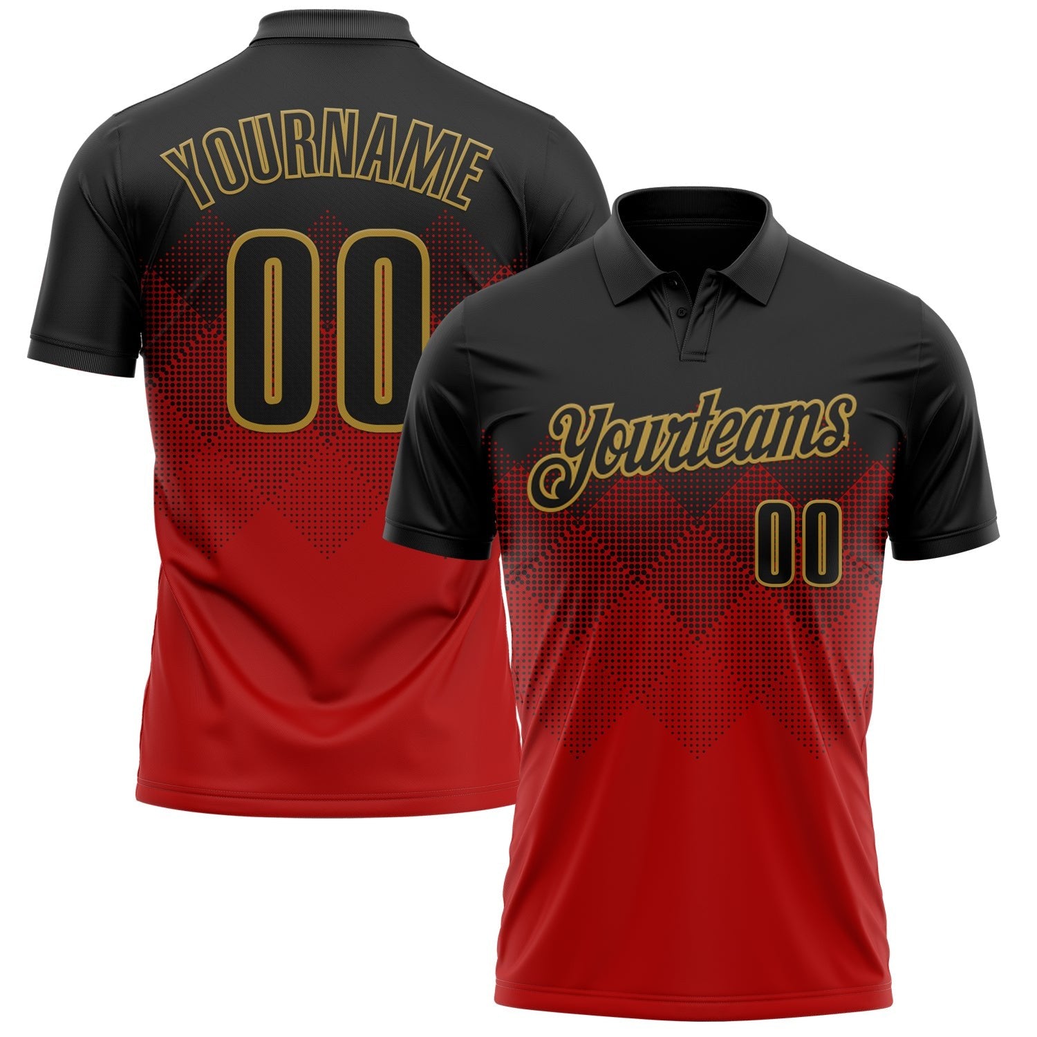 Custom Black Red-Old Gold 3D Pattern Design Gradient Square Shape Performance Polo Shirt photo 1