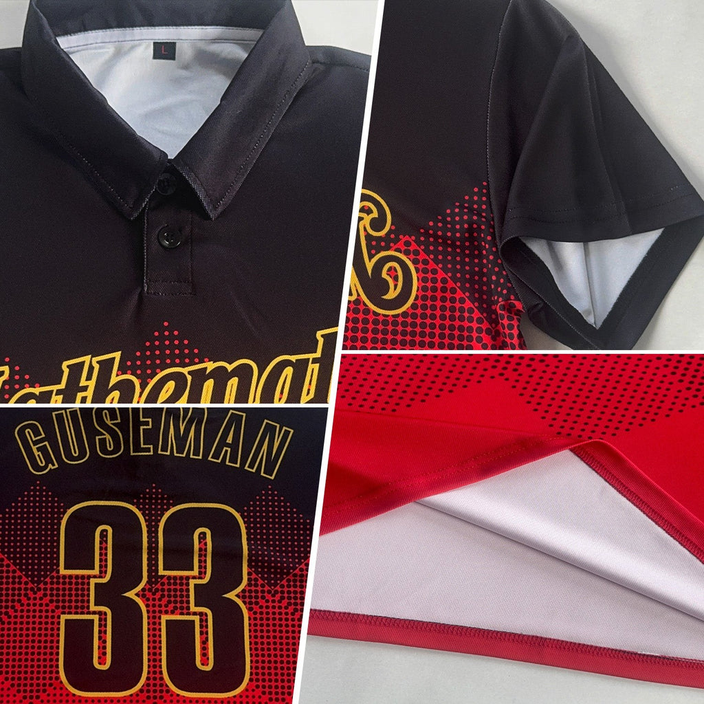 Custom Black Red-Old Gold 3D Pattern Design Gradient Square Shape Performance Polo Shirt photo 2