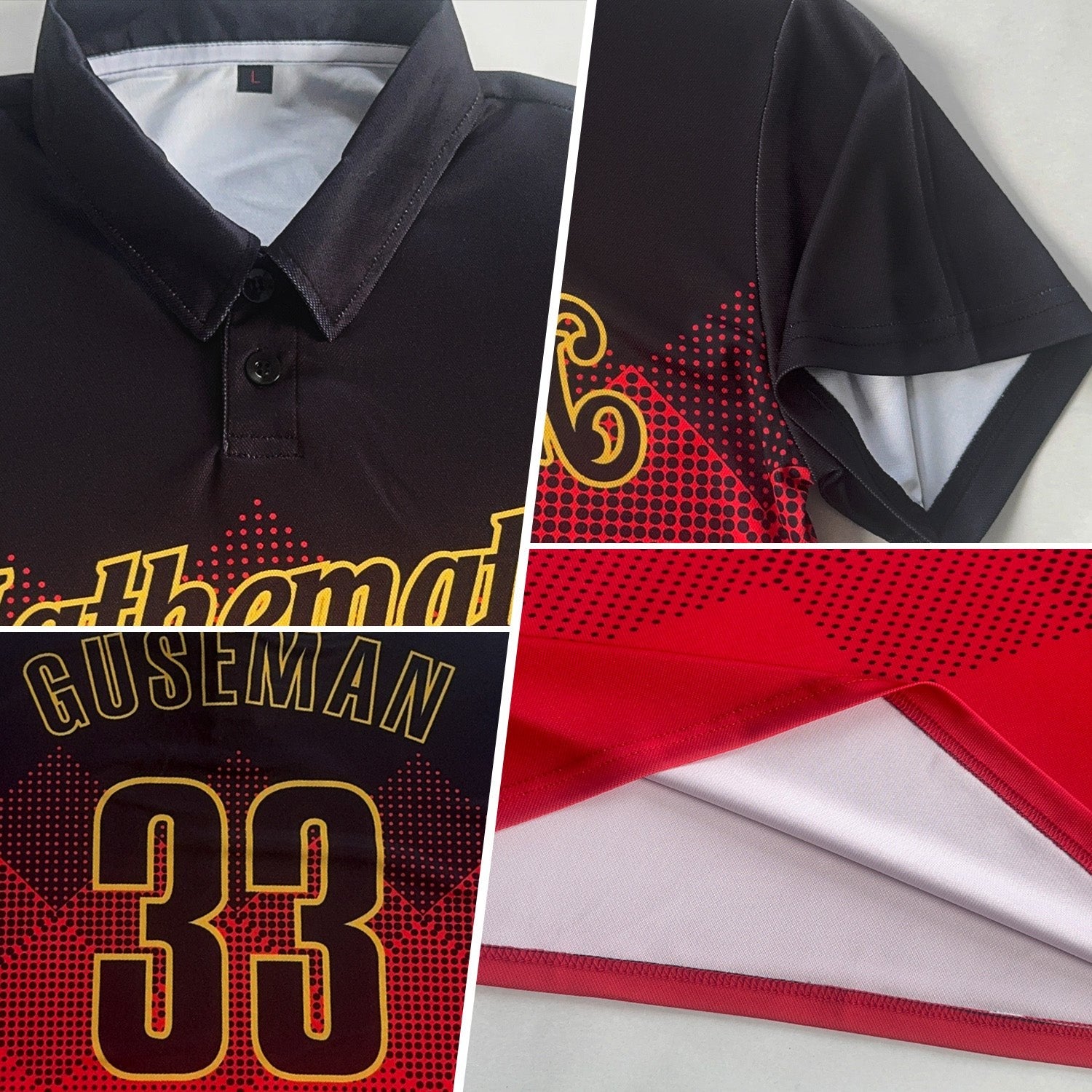 Custom Black Red-Old Gold 3D Pattern Design Gradient Square Shape Performance Polo Shirt photo 2