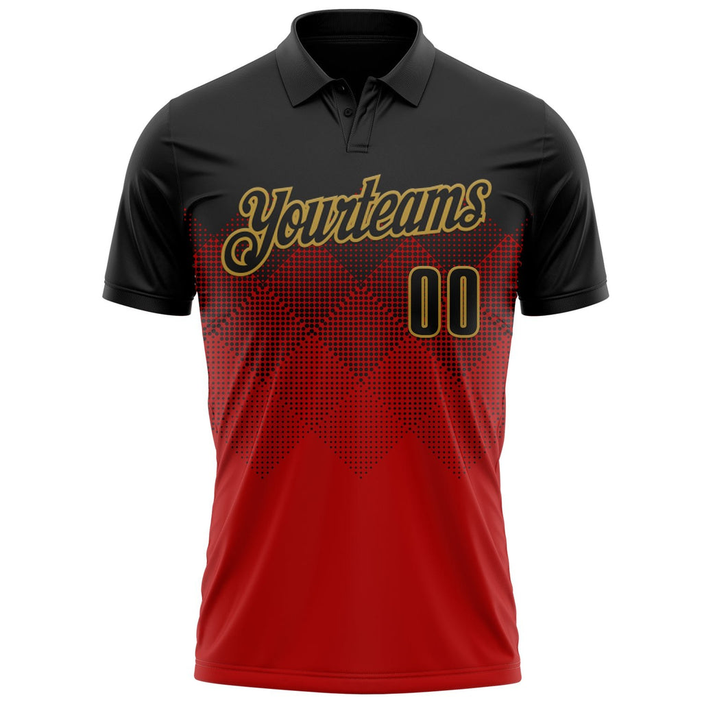 Custom Black Red-Old Gold 3D Pattern Design Gradient Square Shape Performance Polo Shirt photo 3