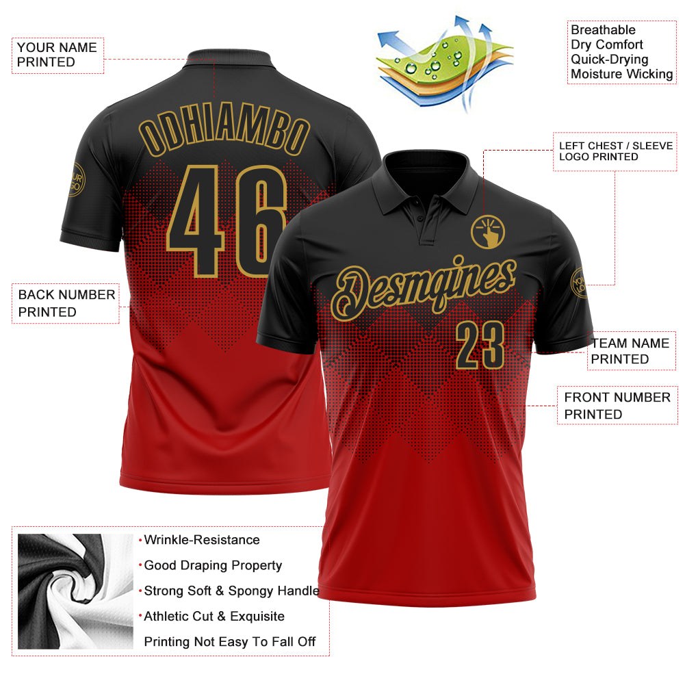 Custom Black Red-Old Gold 3D Pattern Design Gradient Square Shape Performance Polo Shirt photo 4